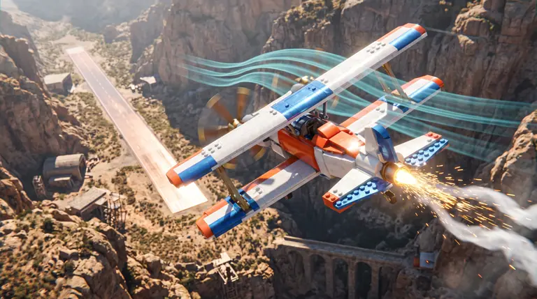 Avião experimental construído com blocos coloridos, hélices duplas e propulsor traseiro a voar sobre um desfiladeiro ensolarado com fitas de vento nas asas.
