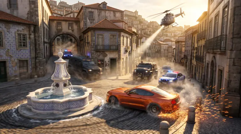 Carro de fuga vermelho a derrapar numa praça de calçada e azulejos, perseguido por viaturas policiais, camiões blindados e um helicóptero.