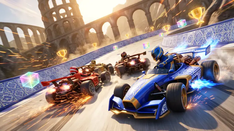 Grupo de quatro karts de corrida a fazer uma curva inclinada em derrapagem com chamas de turbo azuis e faíscas.