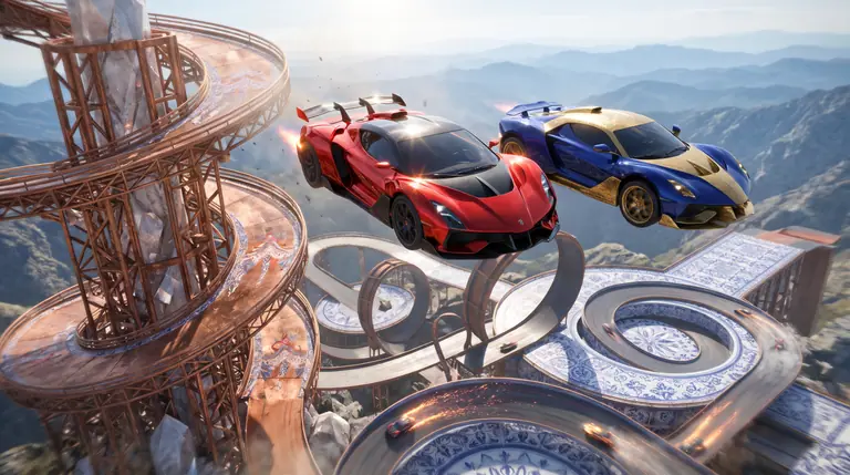 Dois supercarros desportivos a saltar de uma rampa em espiral gigante num complexo de acrobacias no topo da montanha.