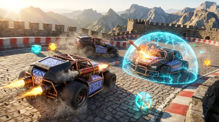 Três karts de combate em derrapagem numa arena de pedra e azulejos, disparando foguetes e ativando escudos elétricos.