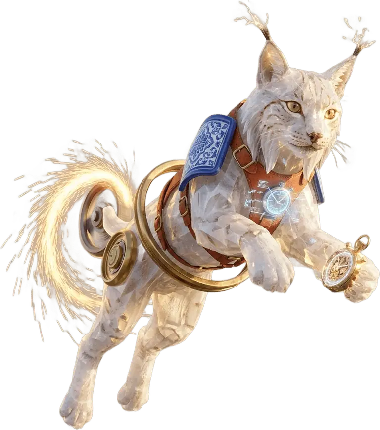 Figura de corpo inteiro de Faiscaia Lira, a lince navegadora de quartzo, latão e azulejos, com um cronómetro e cauda de faíscas.