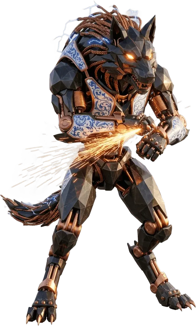 Figura de corpo inteiro de Lupor Faísca, o lobo biomecânico de volfrâmio, cobre e azulejos, a produzir faíscas nas manoplas.