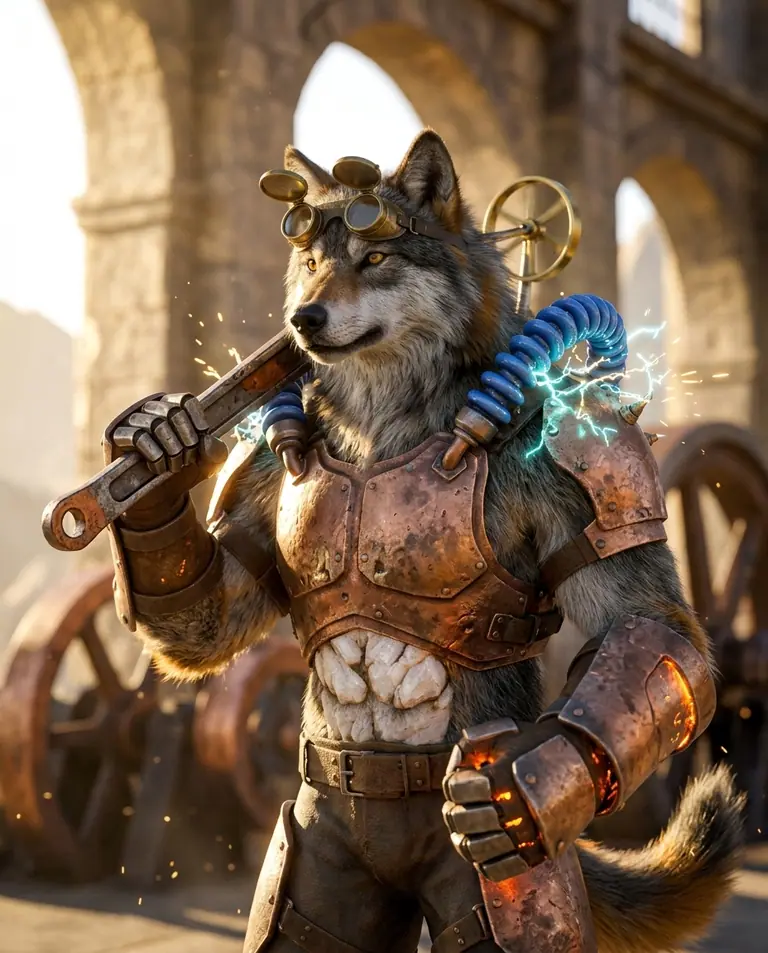 Retrato de Faíscor, o lobo-artífice de armadura de cobre e quartzo branco com bobinas de cerâmica azul aos ombros, segurando uma chave inglesa na oficina solar.